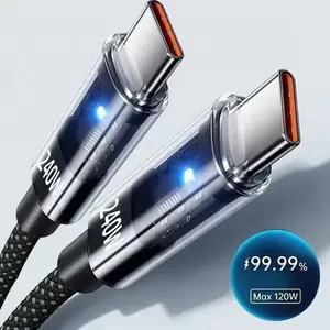 كابل USB C مضفر من النايلون بقدرة 240 وات، خط بيانات شحن سريع للغاية لهاتف Samsung Xiaomi Huawei Universal Type-C كابلات شحن سريعة